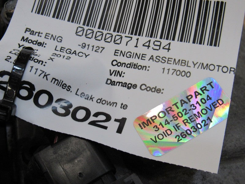 12 Subaru Legacy 2.5L AT EJ25 Engine Motor Federal Emissions VIN A or 