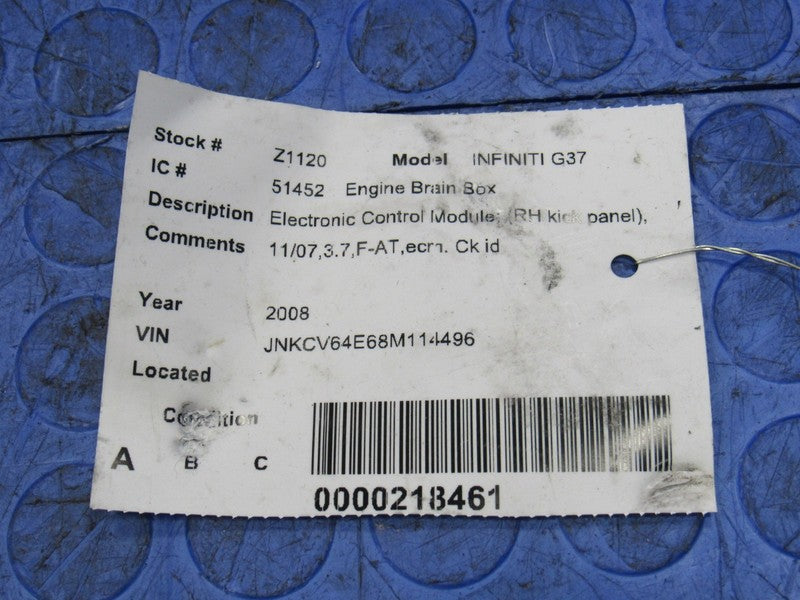 08 Infiniti G37 AT ECU ECM PCM Engine Control Unit Computer MEC105-012